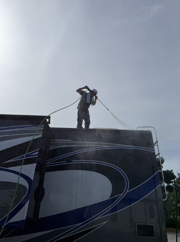 Pressure washing an RV roof